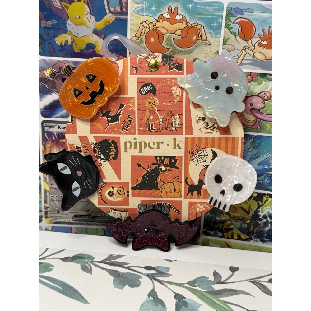Piper K Halloween Hair Claw Clip Set Ghost Bat Pumpkin Cat Skull 5pc
